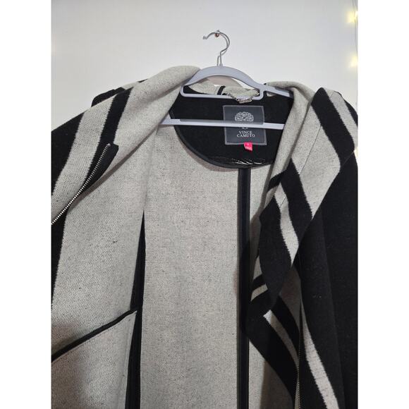 VINCE CAMUTO Wool Blend Striped Asymmetrical Hooded Long Coat Small Black Gray - Picture 10 of 16